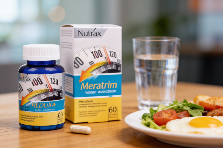 کپسول ردوکسا کنار لیوان آب و صبحانه سالم برای رژیم کاهش وزن